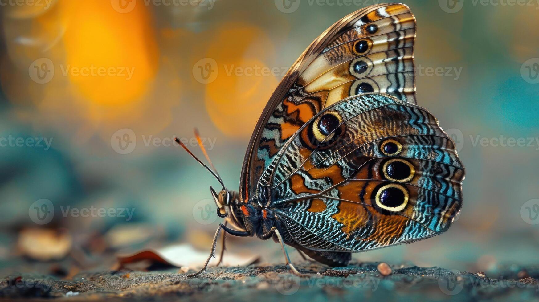 a beautiful butterfly with vibrant colors resting on the ground. photo