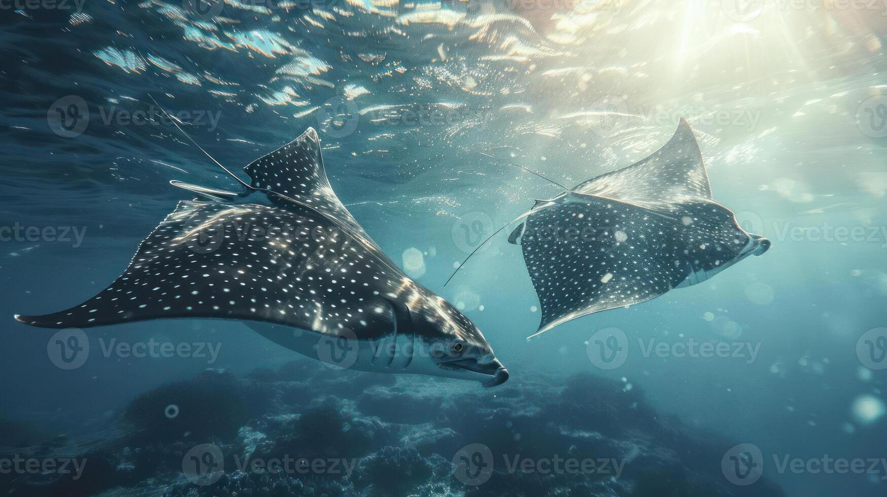 Snorkeler swims near two stingrays in open water. One appears to be a small juvenile, photo