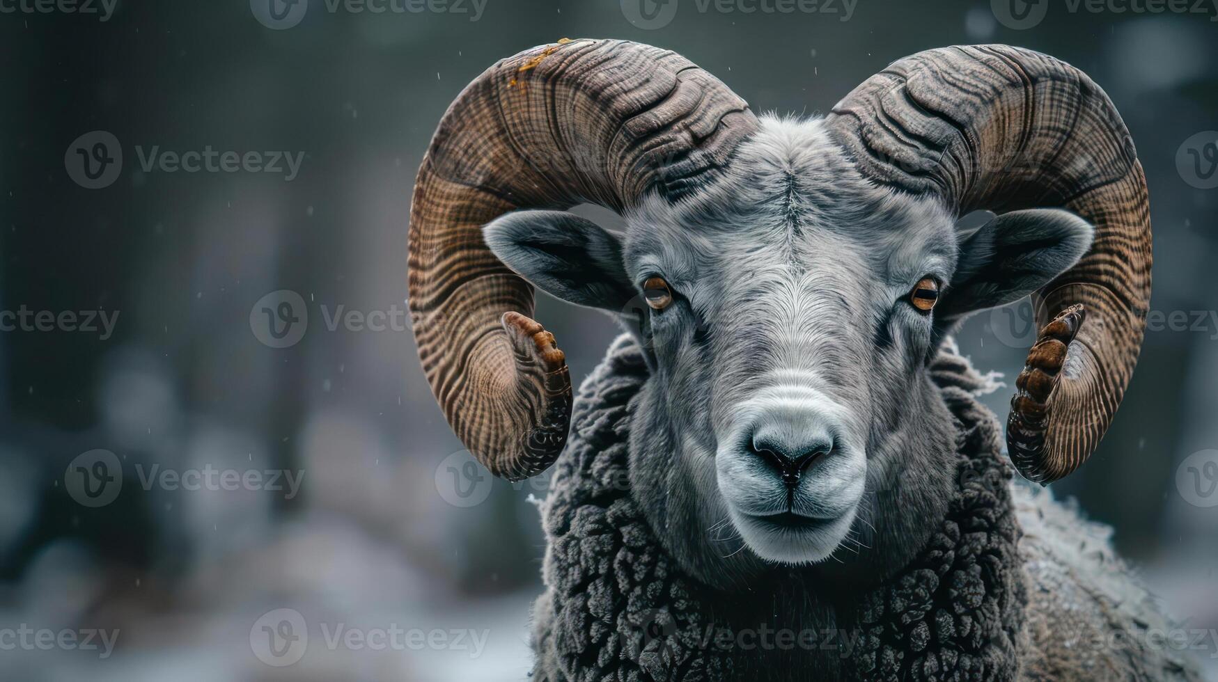 Close-up portrait of a majestic ram with large curved horns and expressive eyes, photo