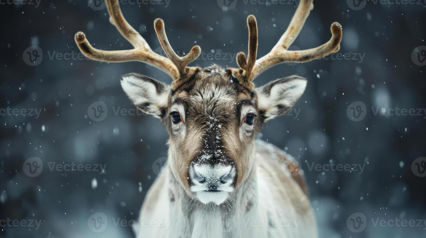 A cheerful Christmas deer with reindeer antlers, standing on a snowy background during the daytime photo