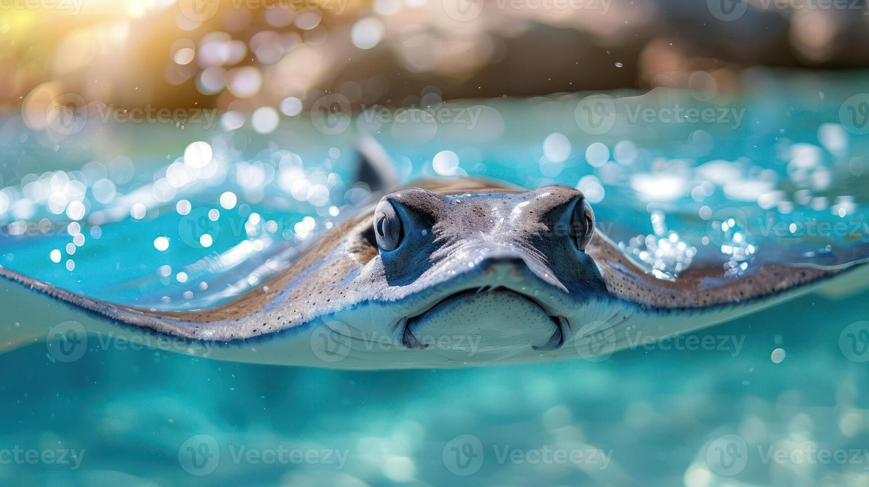 Close-up photo of a stingray submerged in clear blue water,