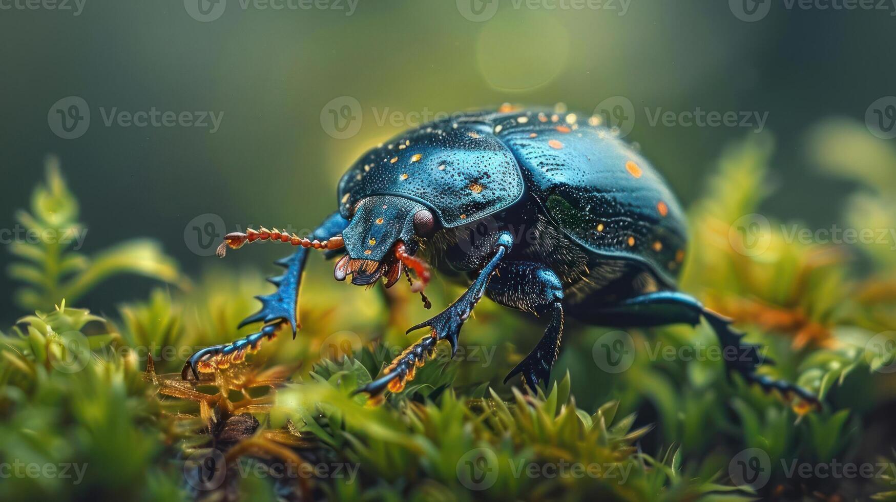 A vibrant blue and red beetle with antennae up, perched confidently on a bed of moss. photo