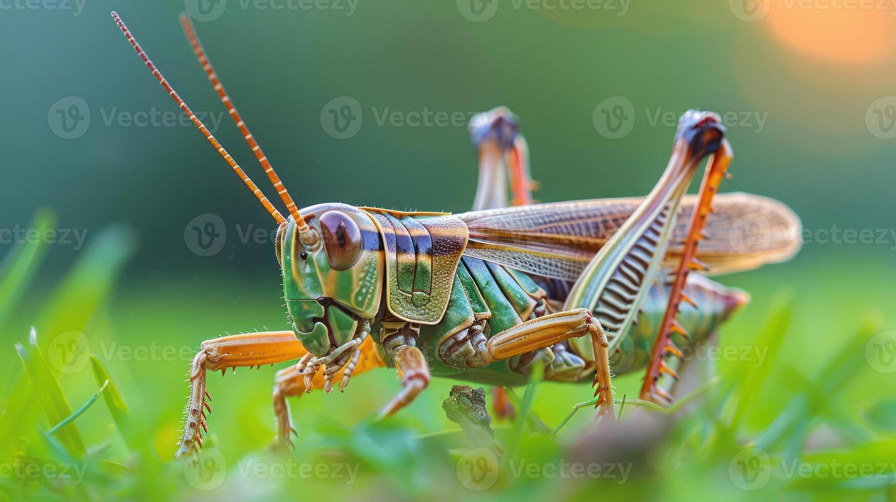 A green insect crawling on grass, looking upwards and out of focus in the background. photo