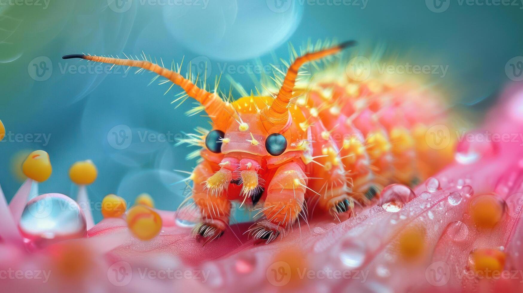 A vibrant and colorful bug perched on a pink flower, surrounded by water droplets. photo