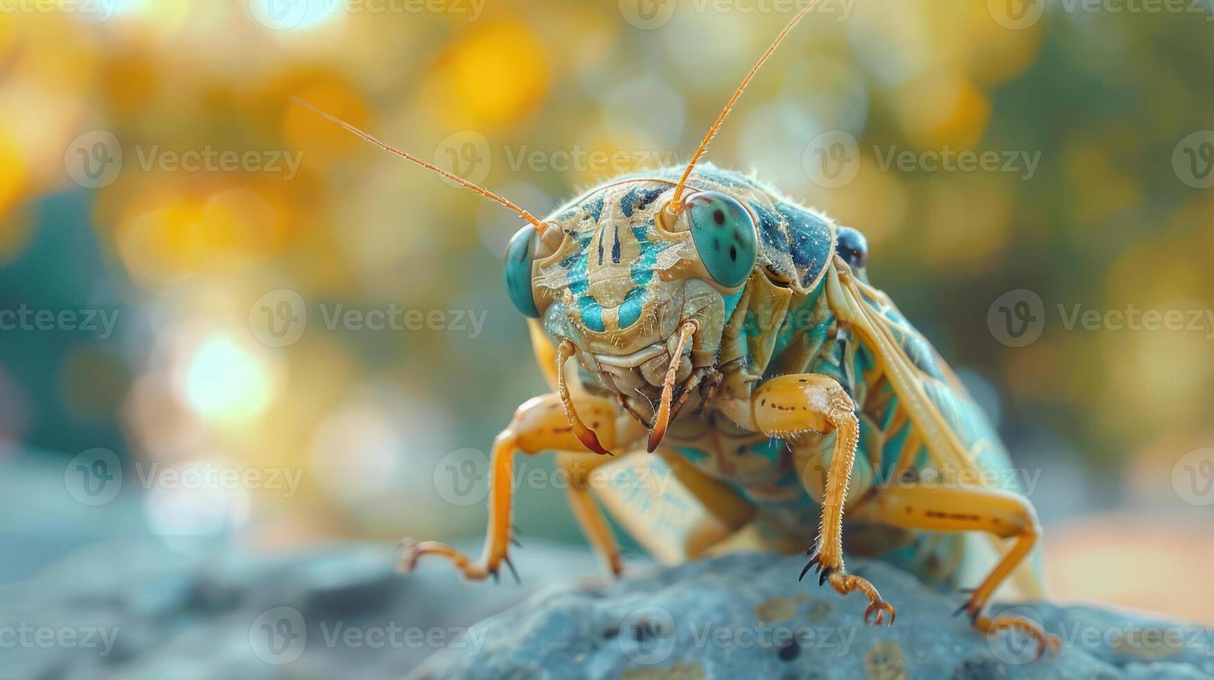 A beautiful green and brown colorful bug posing on a grey rock. photo