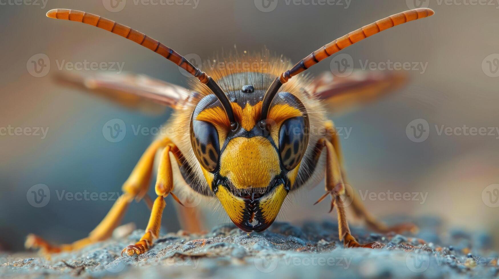 A close-up of a bee with its wings spread, looking agitated or angry. photo