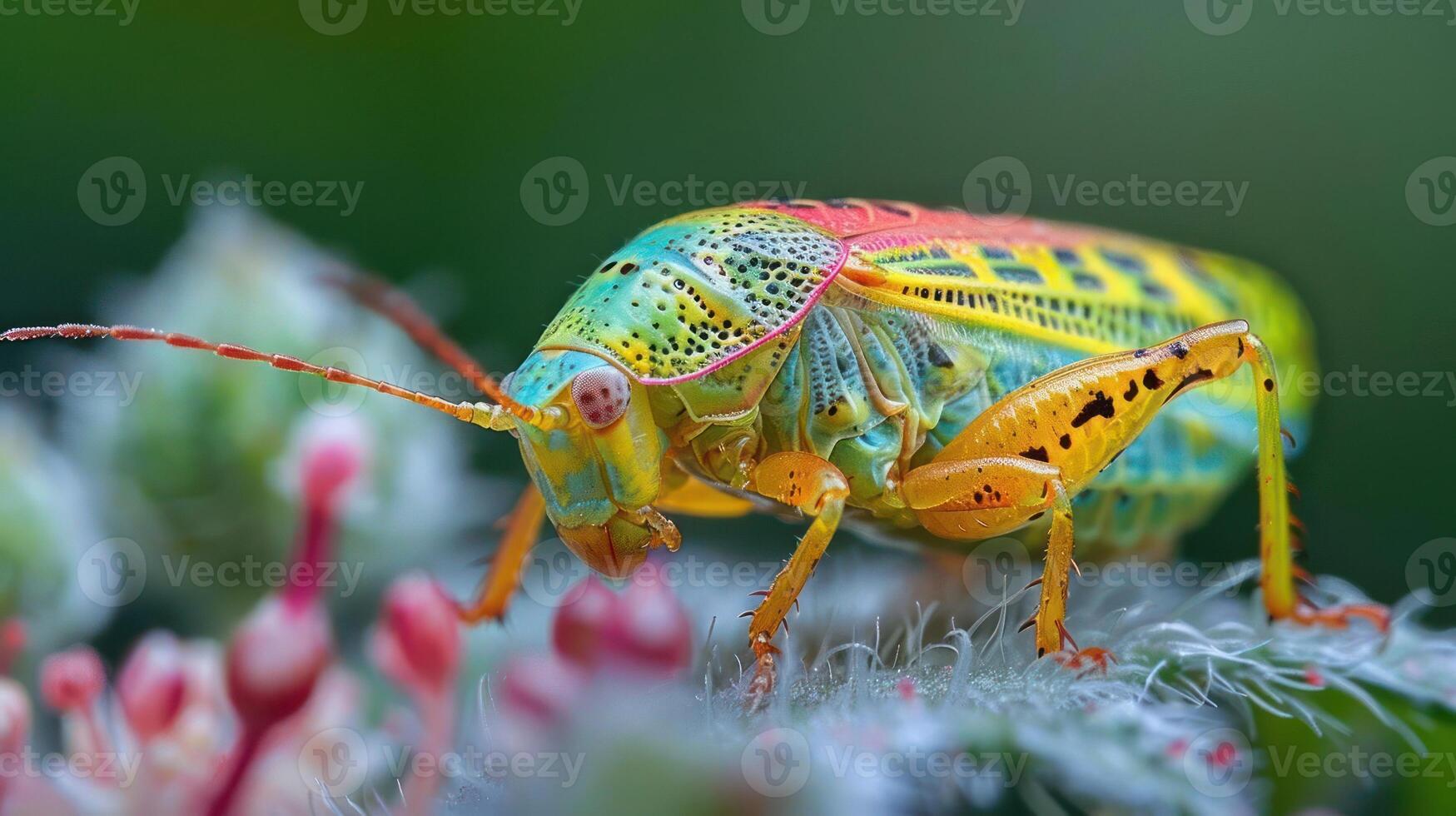 A close-up photo of a vibrant green and orange bug on some foliage with pink flowers in the backgrou