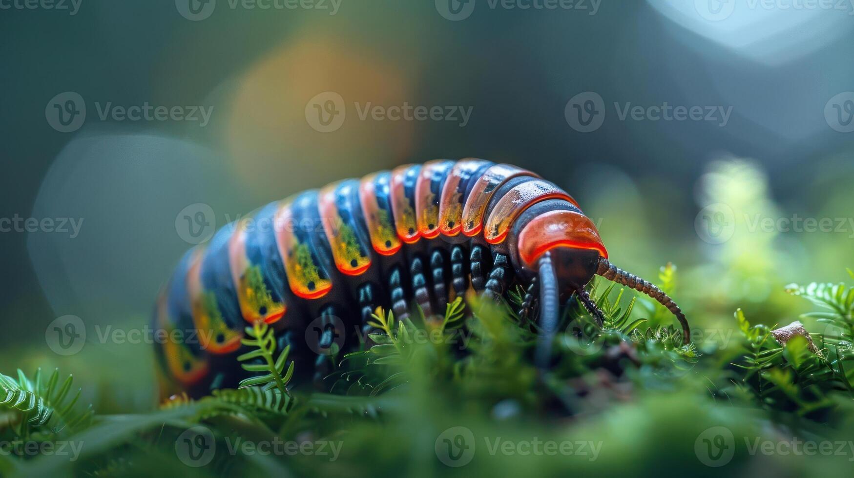 A close-up image of a colorful, vibrant caterpillar on lush green moss. photo