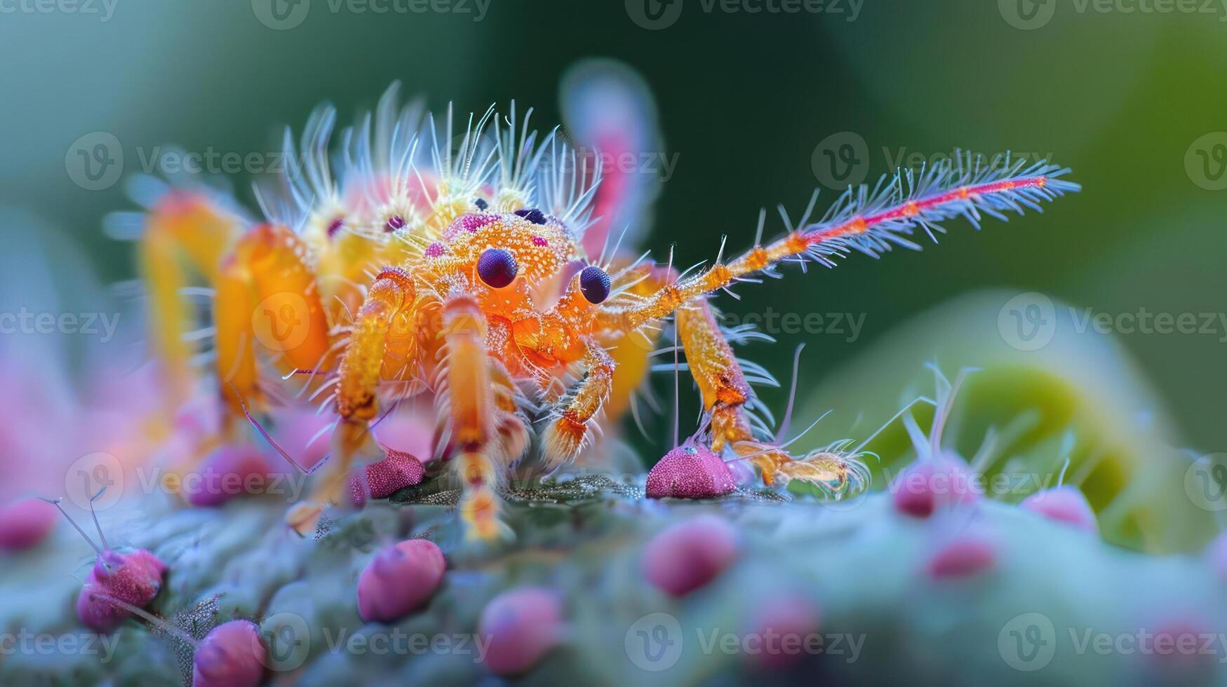 A vibrant orange and black insect with a long antennae standing on a leaf photo