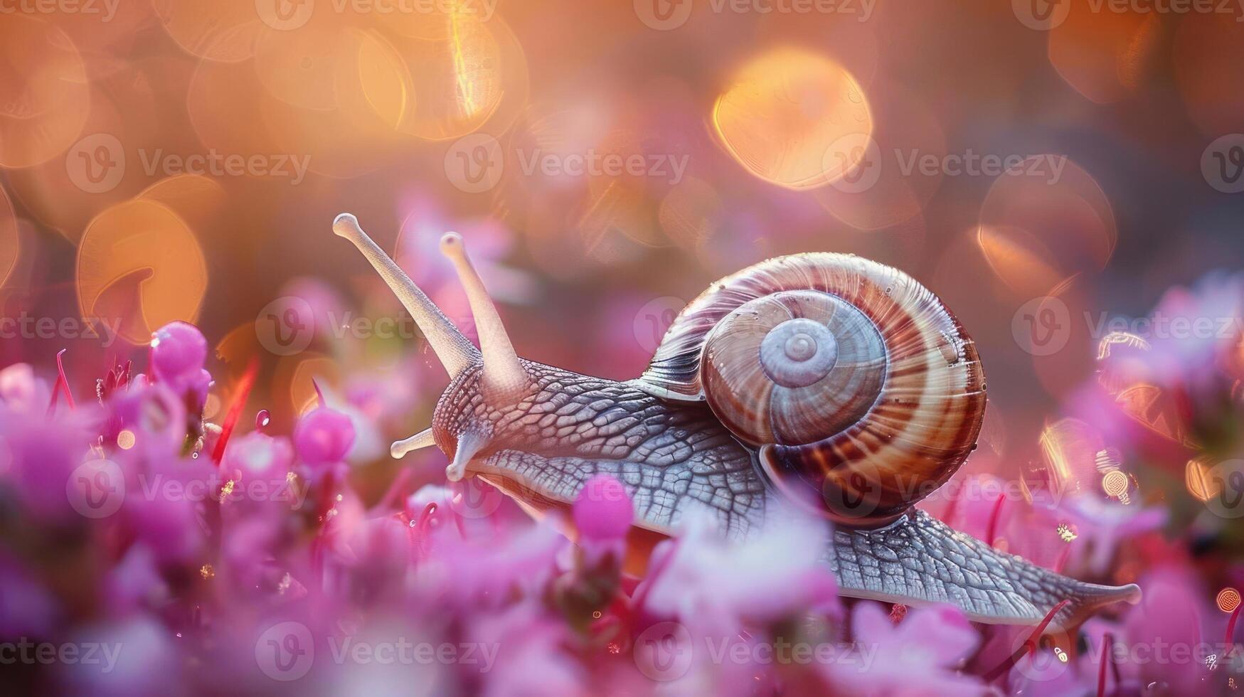 Close up photo of a snail on pink flowers with soft bokeh in the background,
