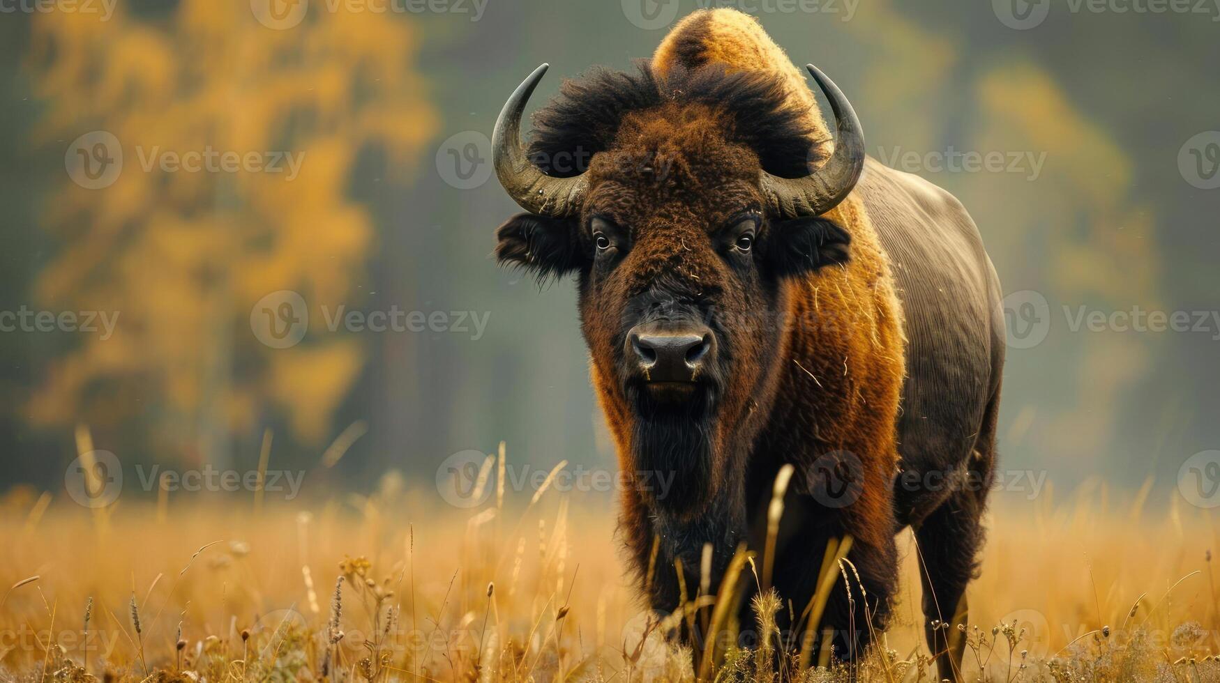A bison stands majestically amidst a backdrop of trees, grasses and an overcast sky. photo