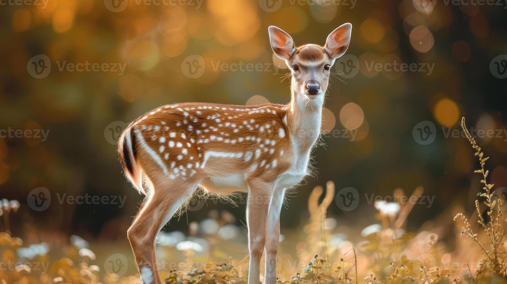 Cute young deer stands confidently in the grass, photo