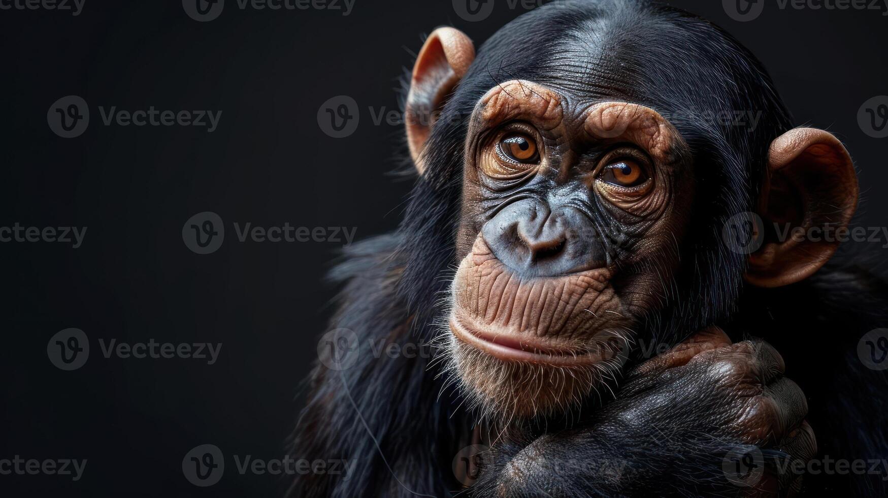 A curious, expressive monkey with a contemplative expression looks into the distance. photo