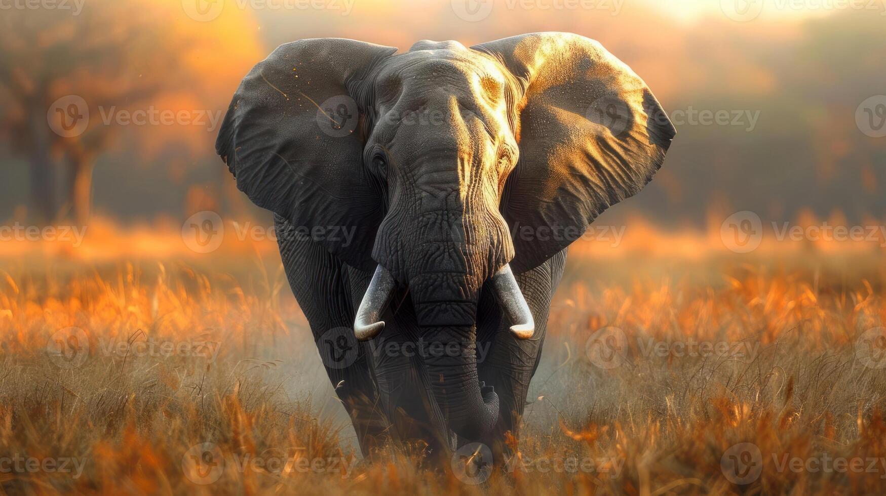 A majestic elephant stands alone in a wild landscape during sunset, photo