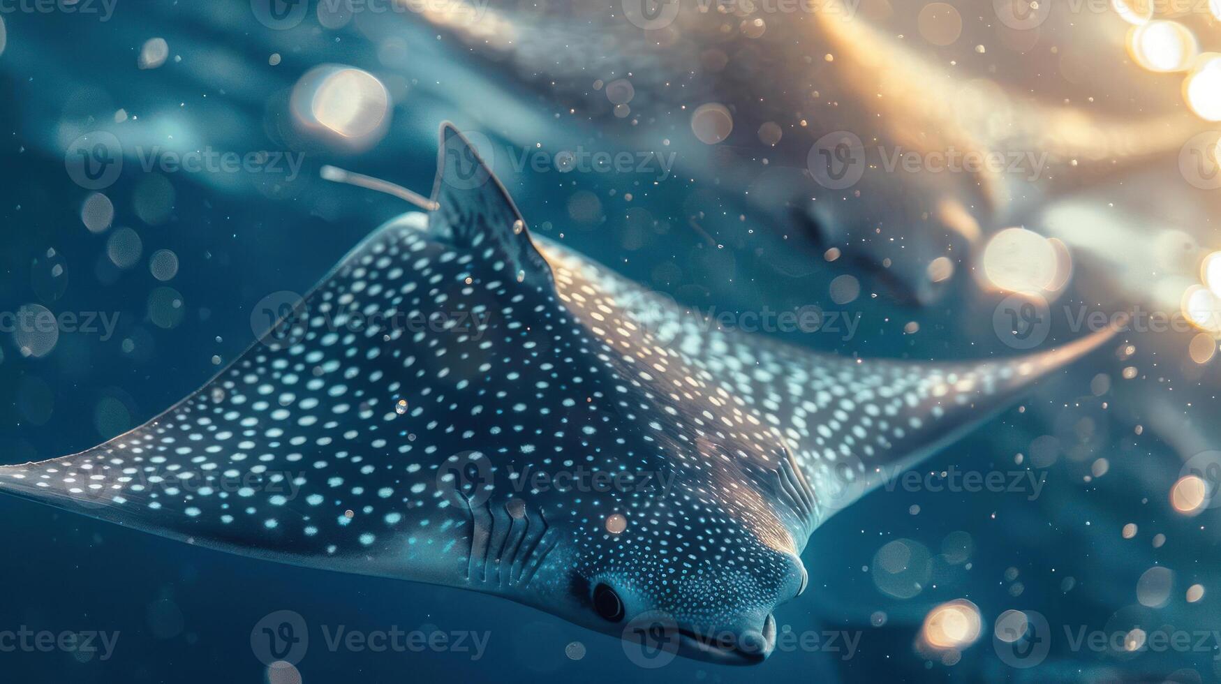 A pufferfish swimming in water with small bubbles, its body puffed up with air to deter predators. photo
