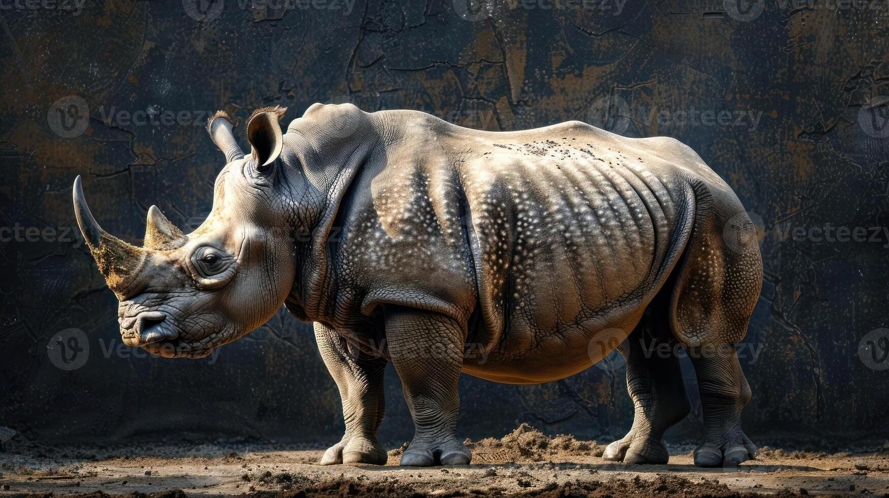 A life-sized model of a rhinoceros in a zoo setting. photo