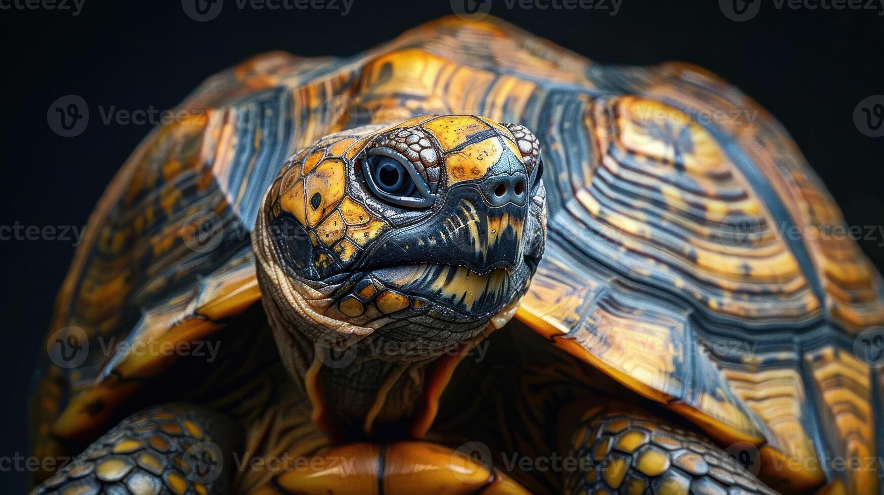 A close-up of a tortoise's head with intricate patterns and textures. photo