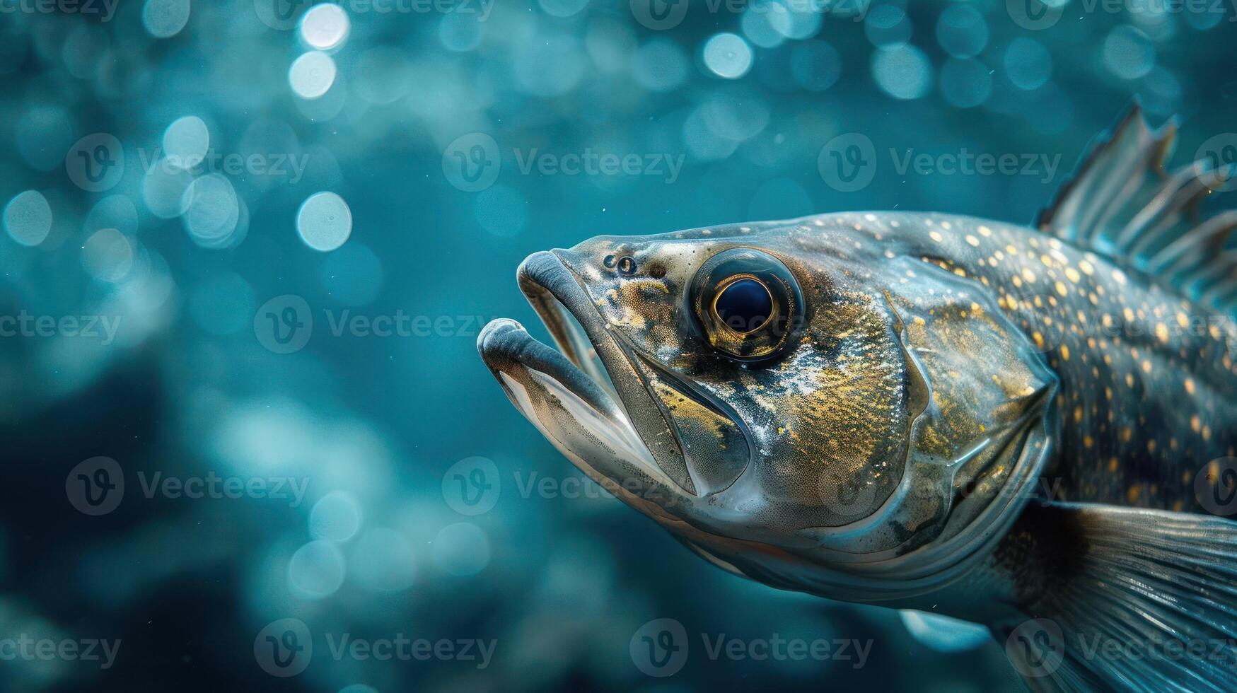 A colorful fish swimming underneath the water, with bubbles visible in the background. photo