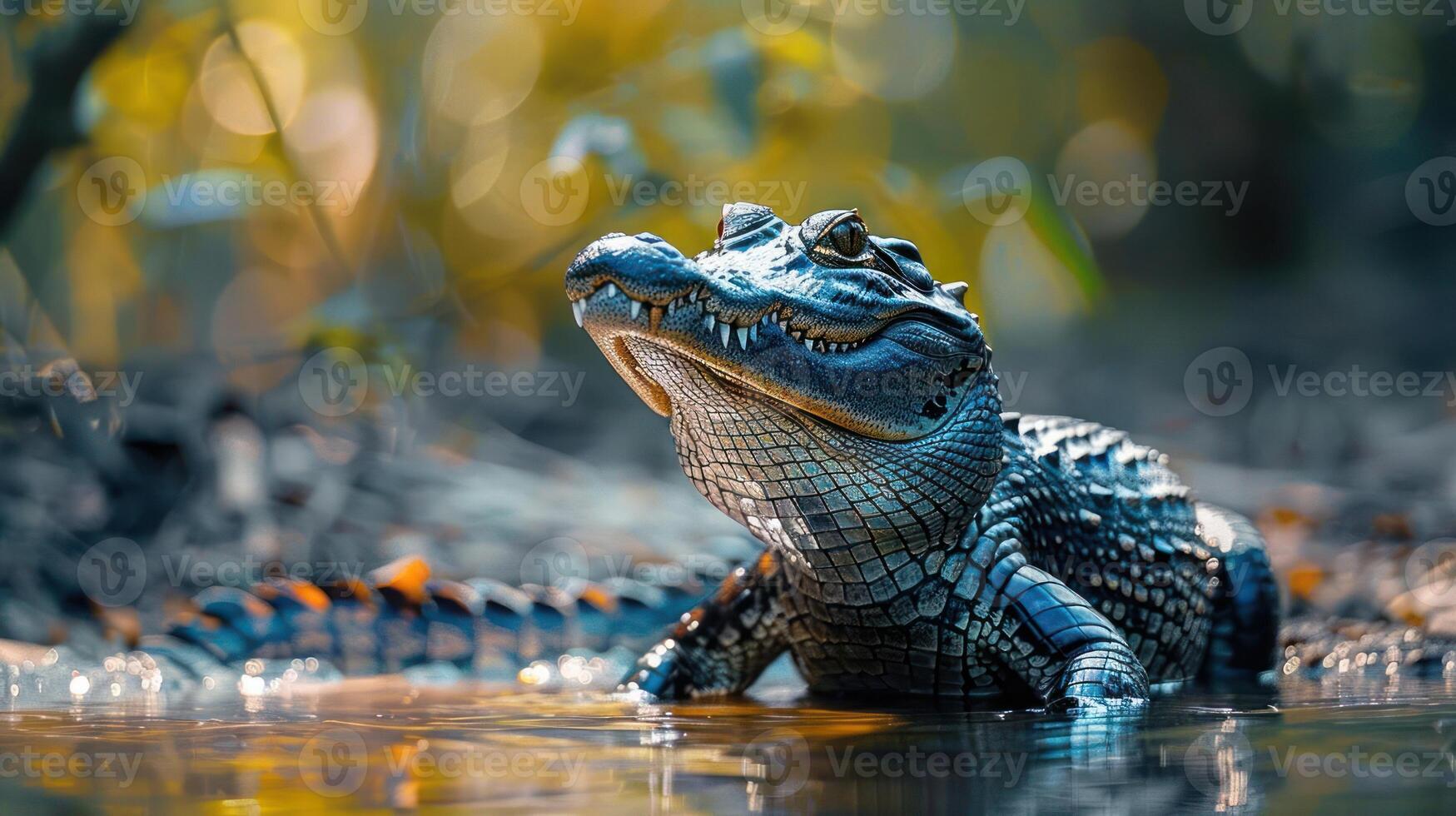 A crocodile in a natural setting, sitting on some rocks near water. photo