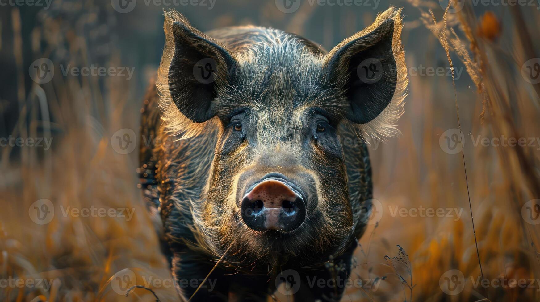 Adorable pig with golden hairs walking through a field. photo