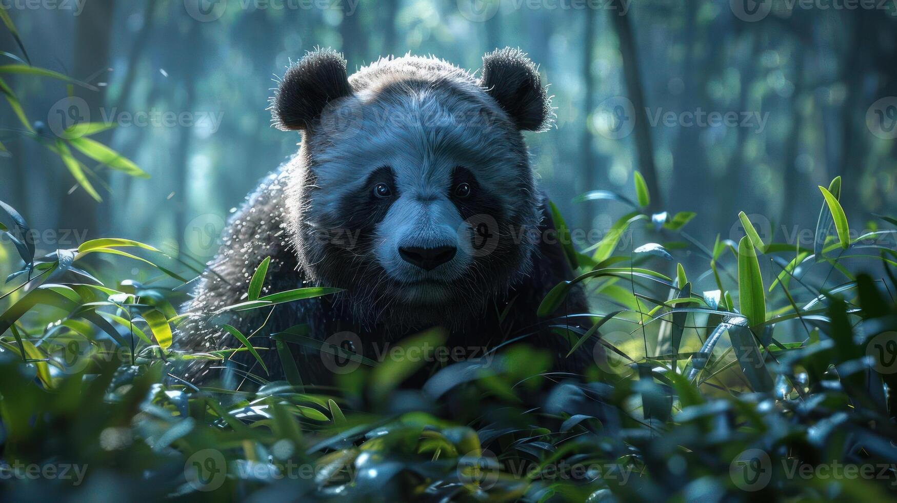 A panda bear in a jungle setting, photo