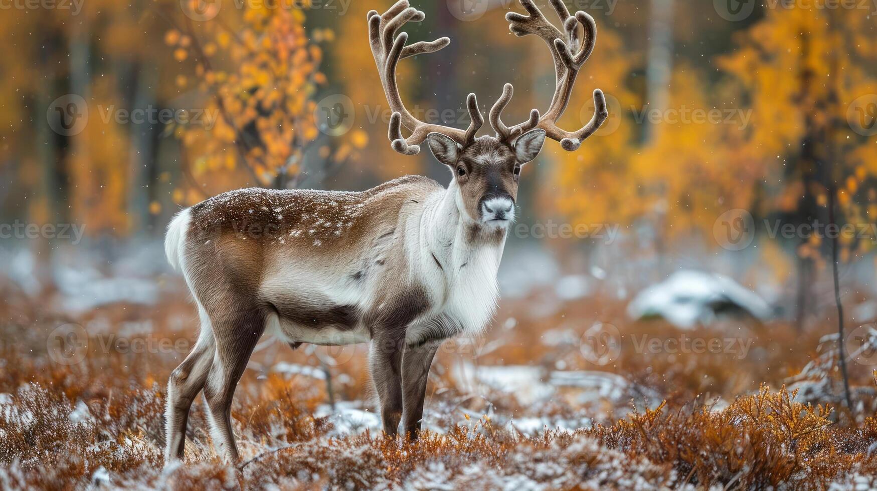 A majestic reindeer with large antlers standing in a field of autumn leaves. photo