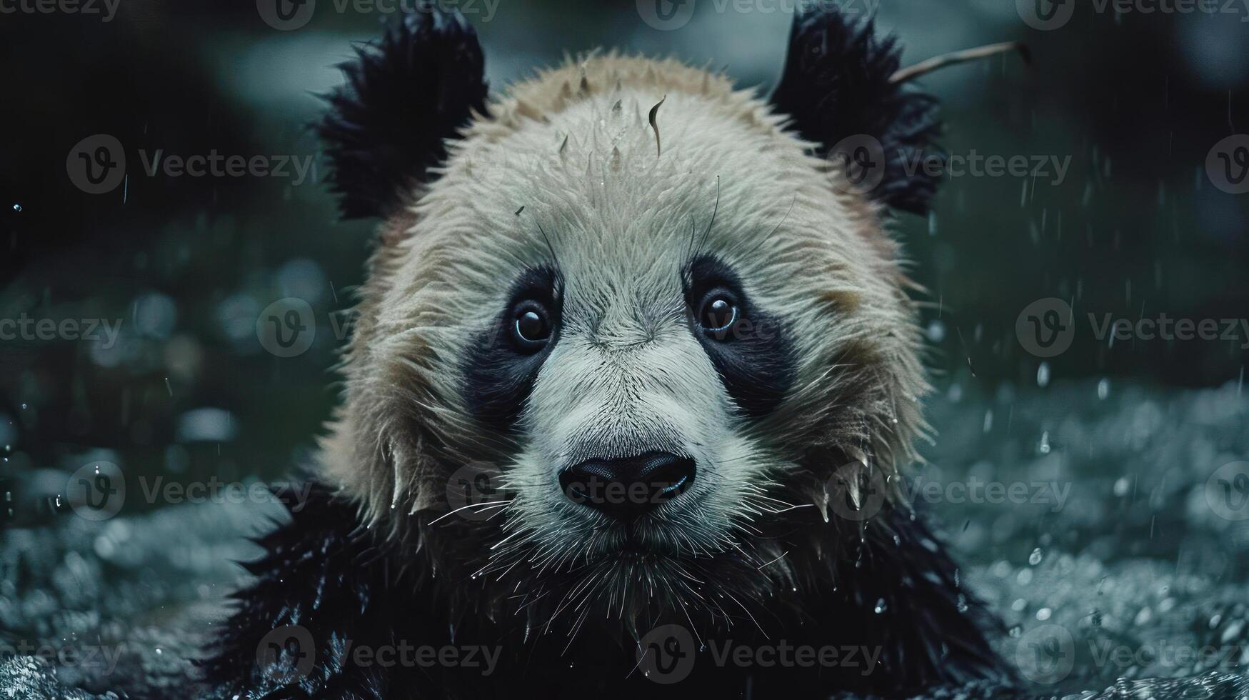 Adorable panda bear looking up at the rain, seemingly unperturbed. photo