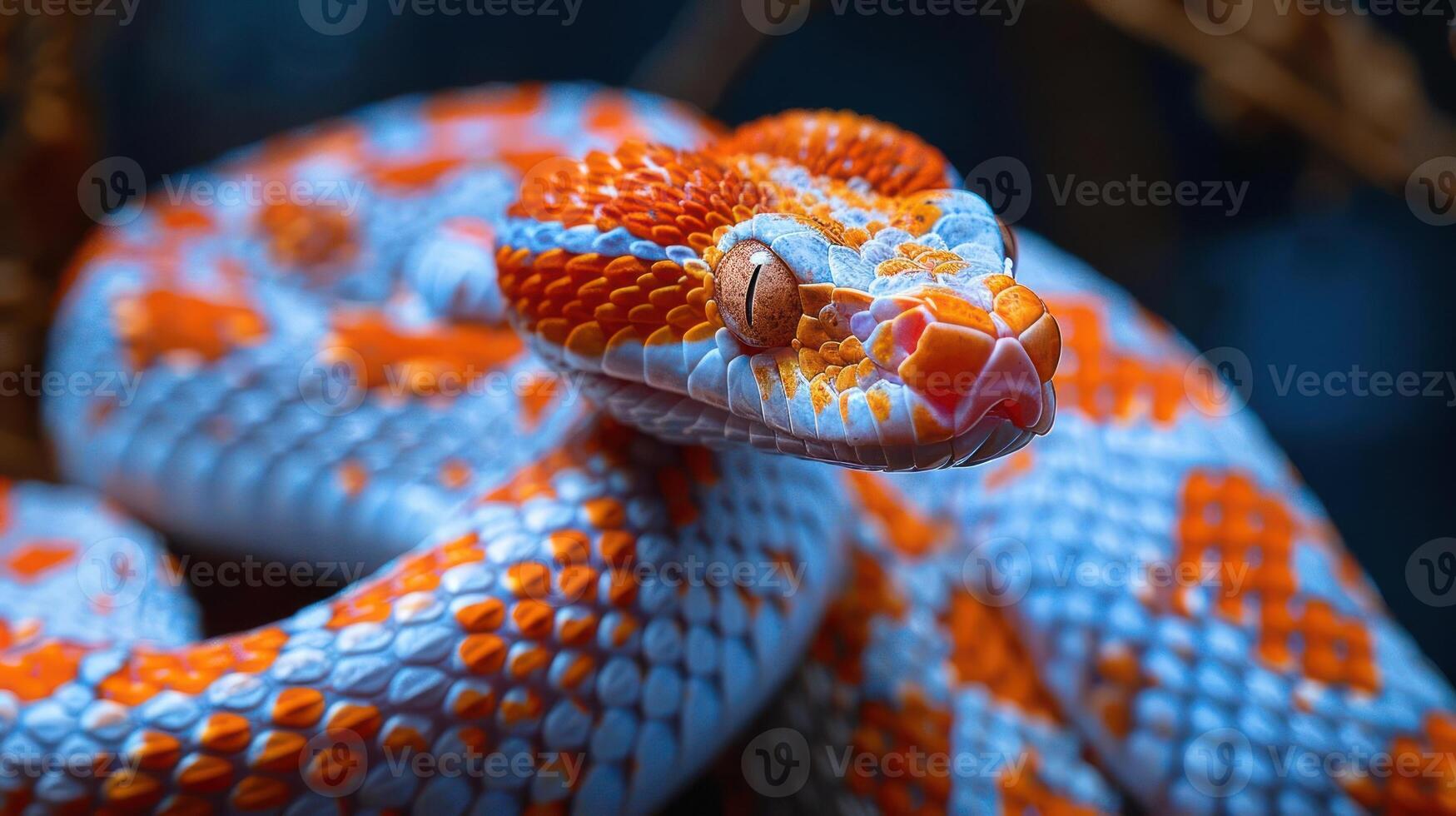 An ornate cobra displaying vibrant hues of blue and orange, exhibiting its stunning patterns. photo
