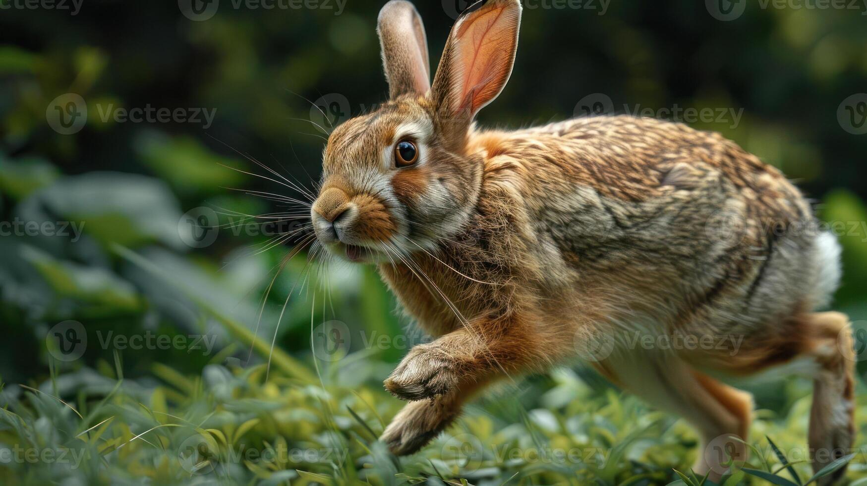 A cute bunny is seen running in a lush green field. photo