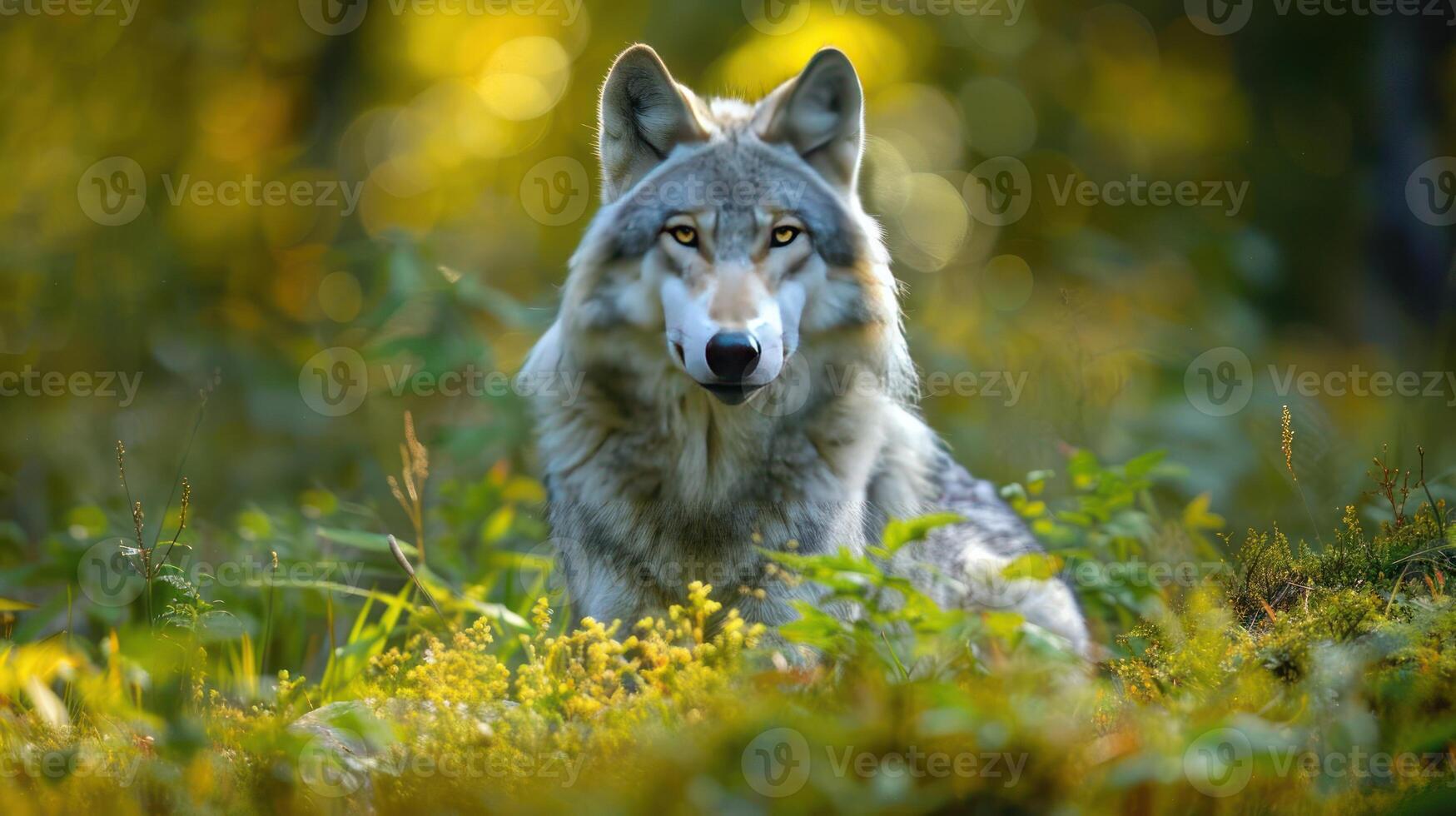 A wolf sits in a forest setting, surrounded by vibrant foliage and golden sunlight. photo