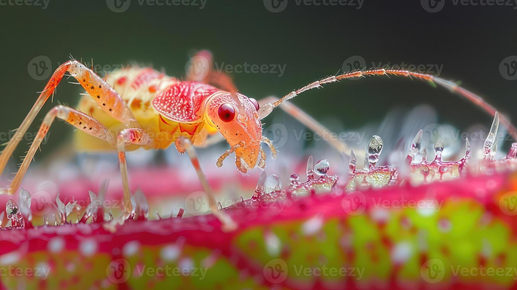 A vibrant pink bug exploring the flower, surrounded by a dense cluster of petals. photo