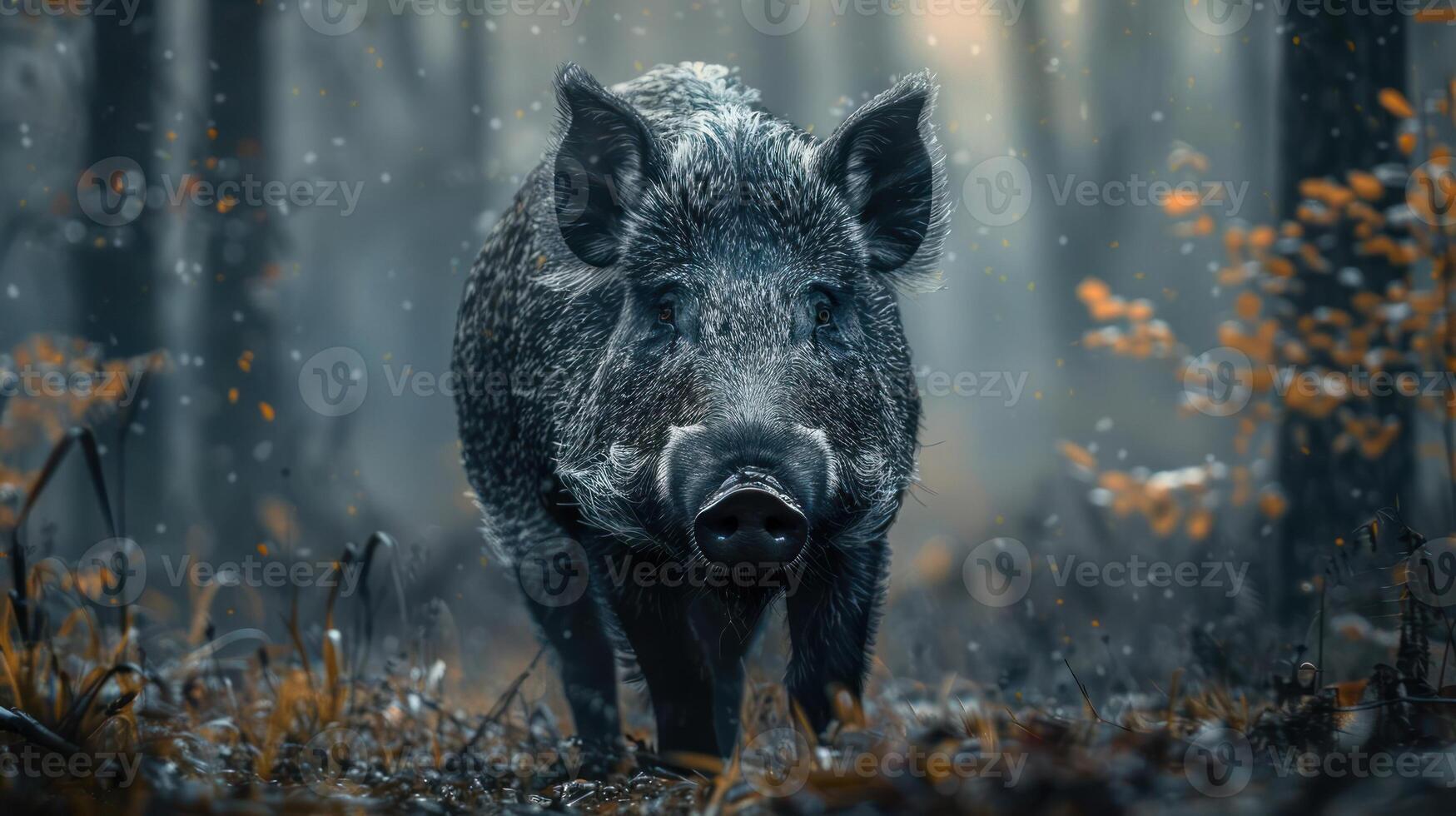 An a pig walking through a forested area, possibly during autumn or wintertime, photo