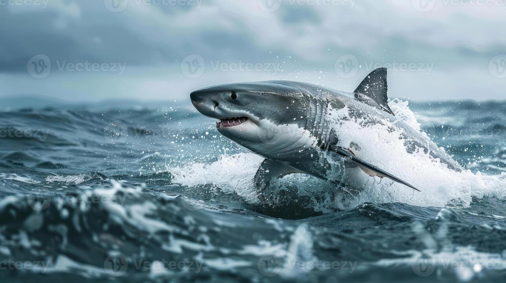 Powerful white shark with a large mouth and prominent gills leaps from the ocean, photo