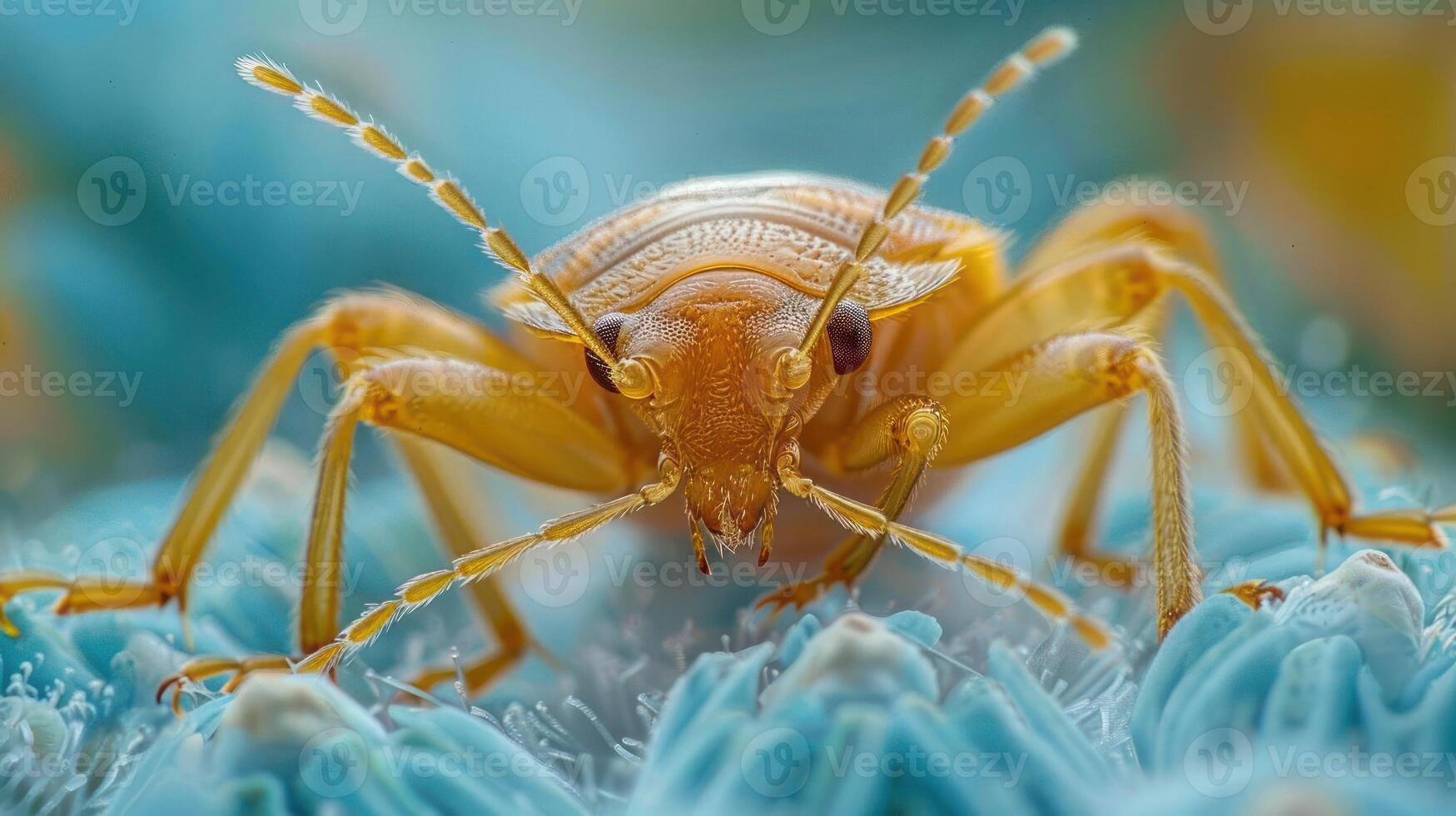 A close-up of a yellowish bug with numerous legs and antennae. It has a dome-like head, round body, photo