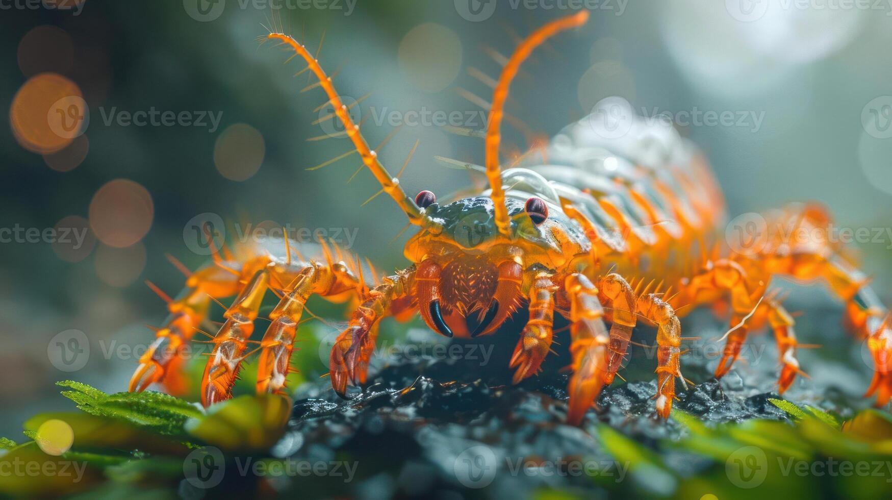 A vividly colored image of a large, multi-legged arachnid with red exoskeleton, photo