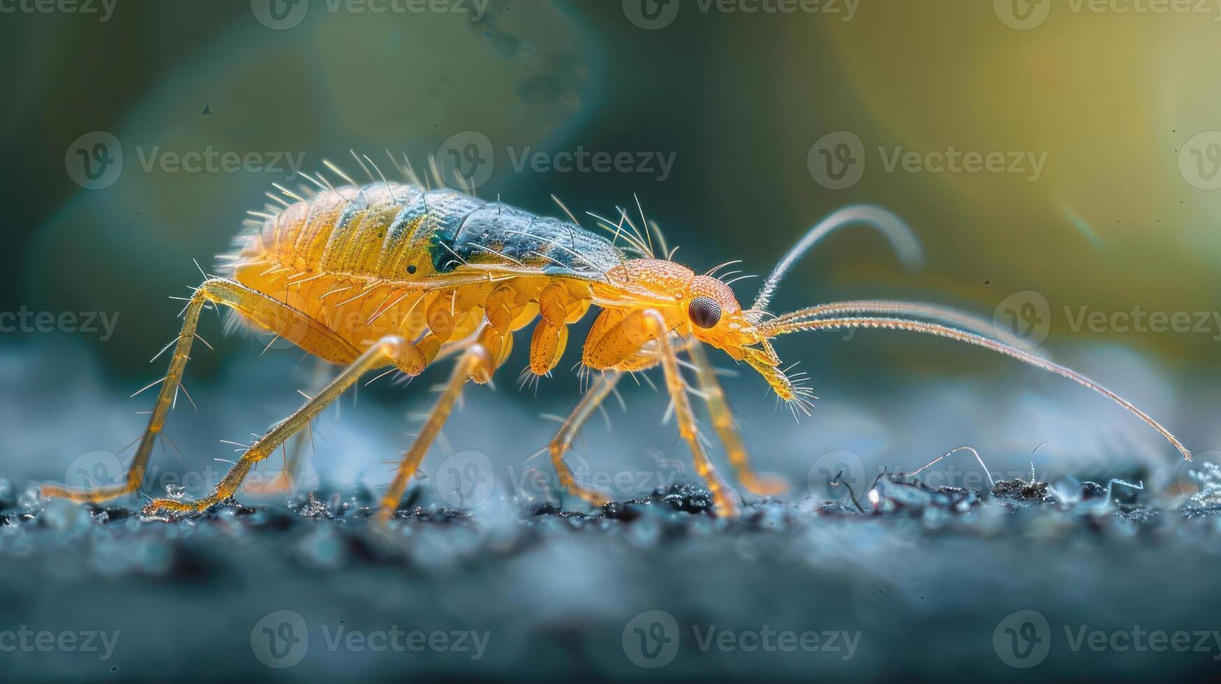 Small yellow bug walking along a wet surface photo