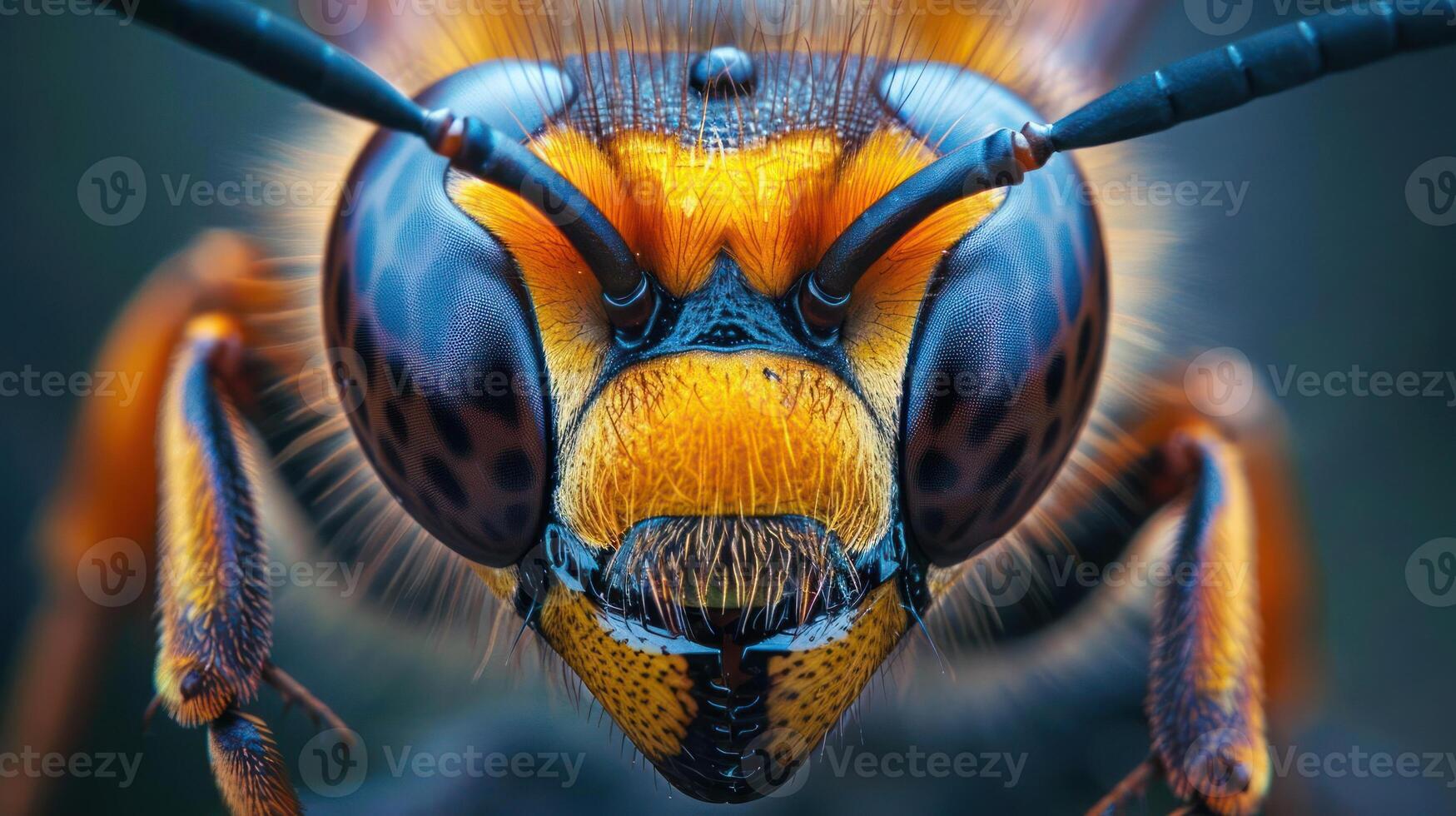 a color photograph of a bee displaying vibrant yellow and black striped markings. photo