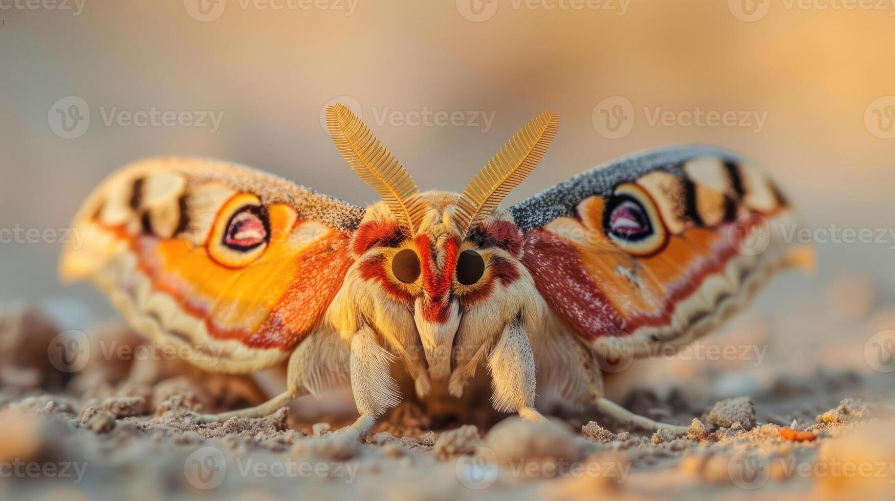 A peacock butterfly on sandy soil with orange and yellow wings. photo