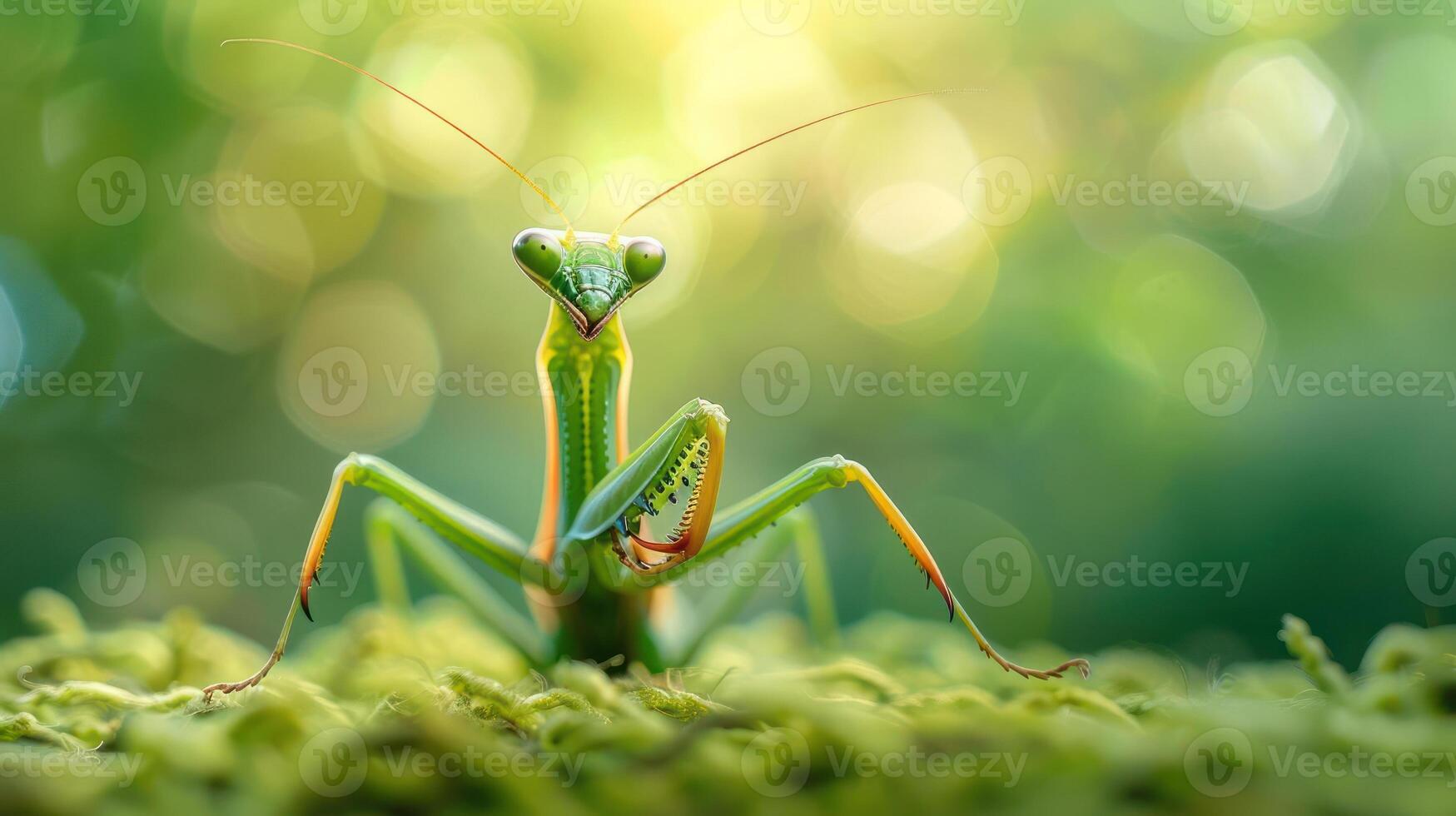 A close-up of a green ant with vibrant orange eyes and antennae, standing on a leafy green surface. photo