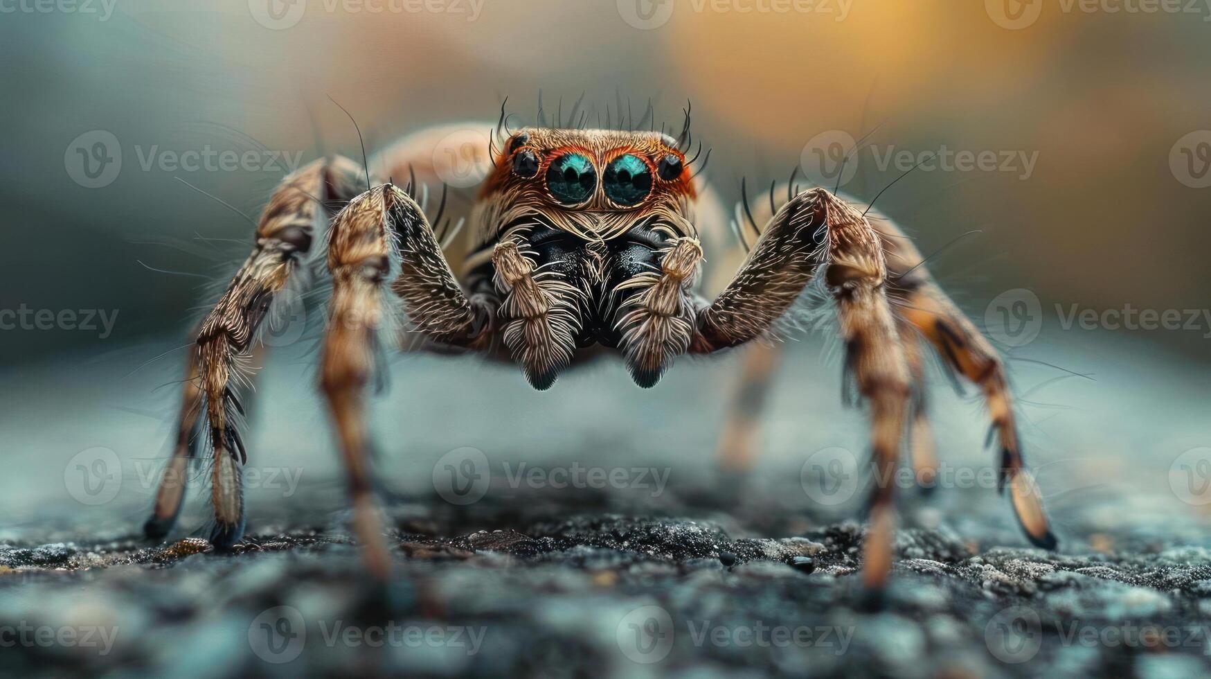 A close-up photograph of a spider sitting on a rock with a blurred background, photo