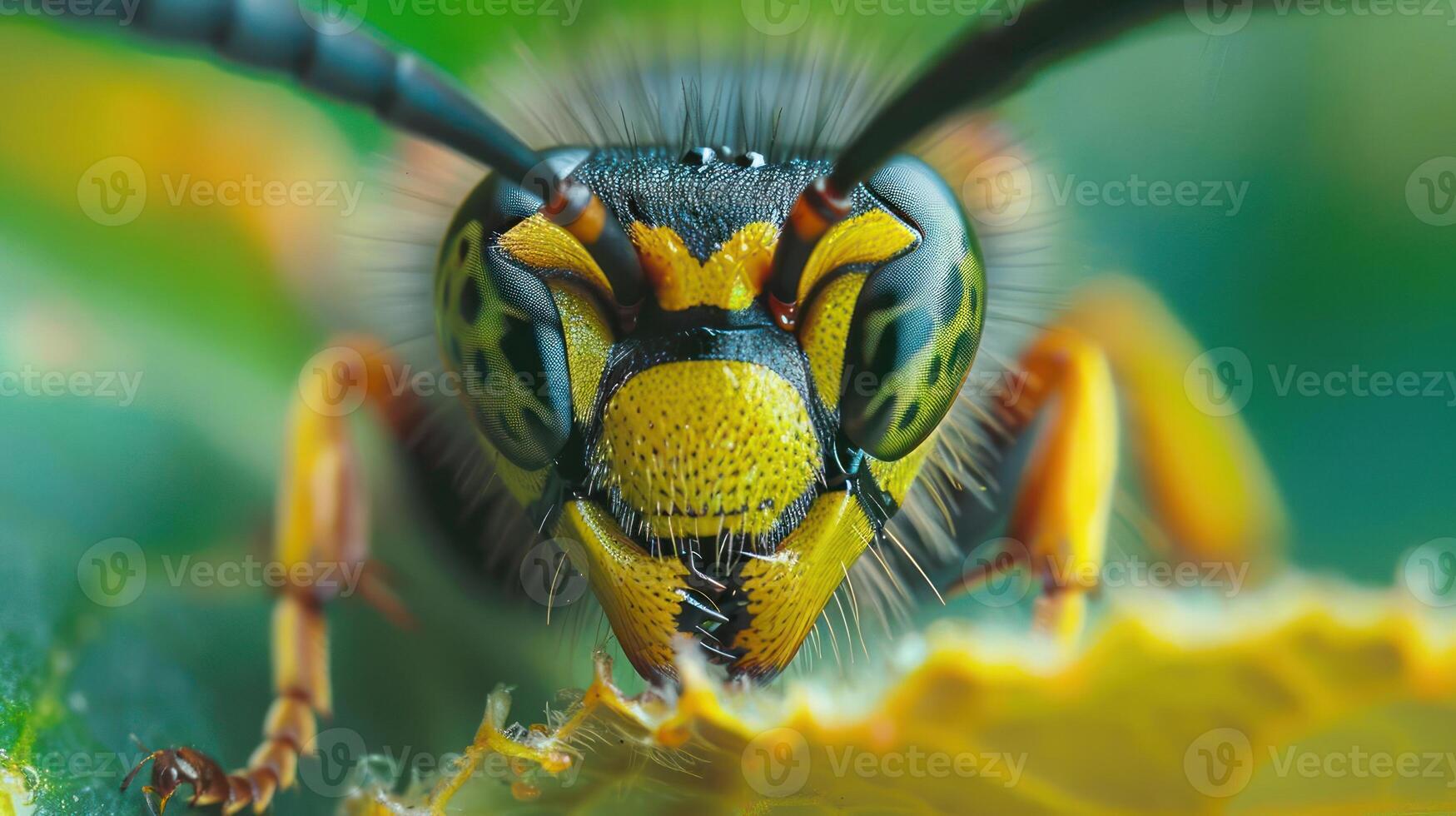 A close-up image of a yellow and black caterpillar with distinctive hairs on its head. photo