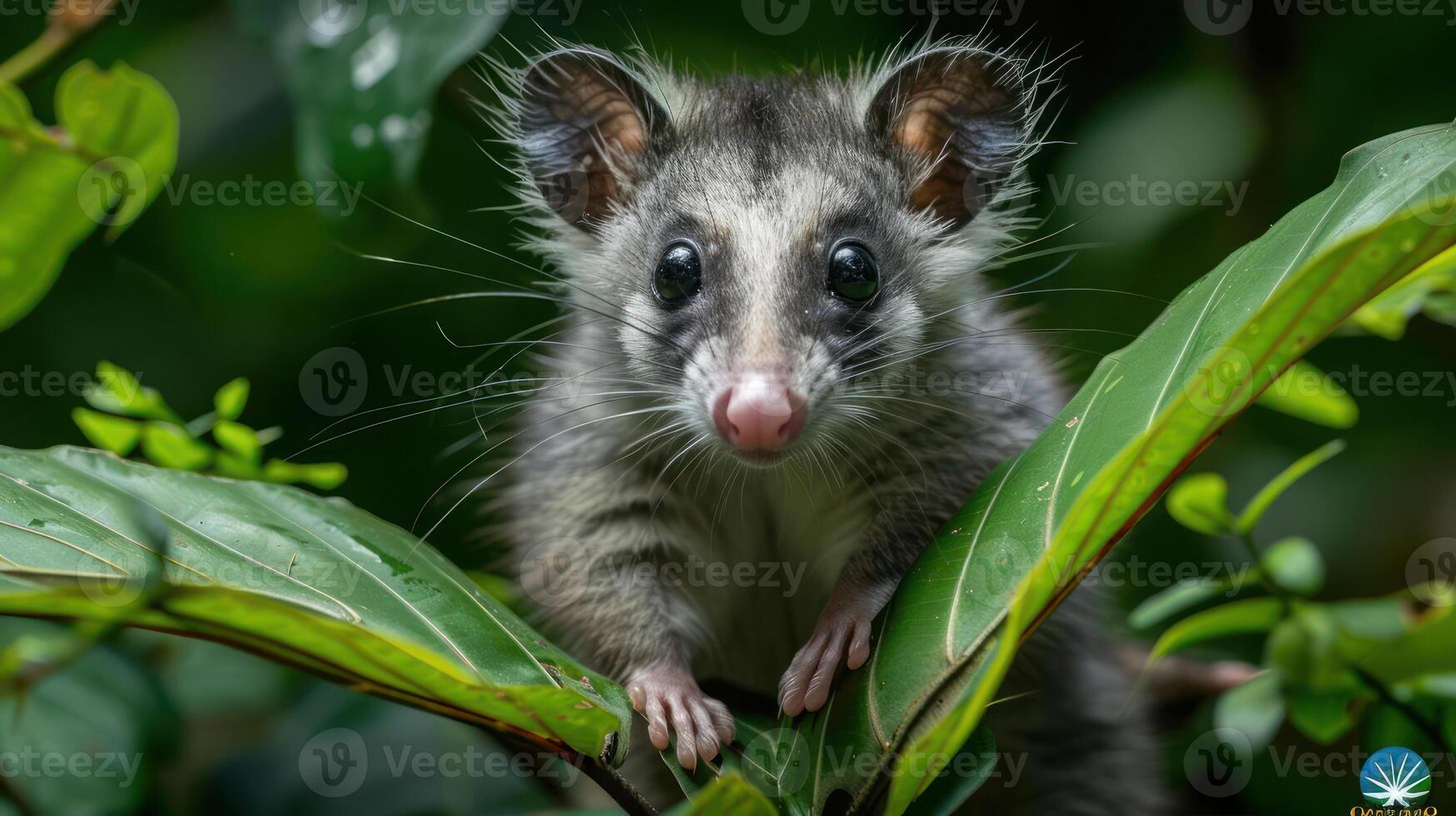 A small brown mouse with large eyes perched on a green leaf in the jungle. photo