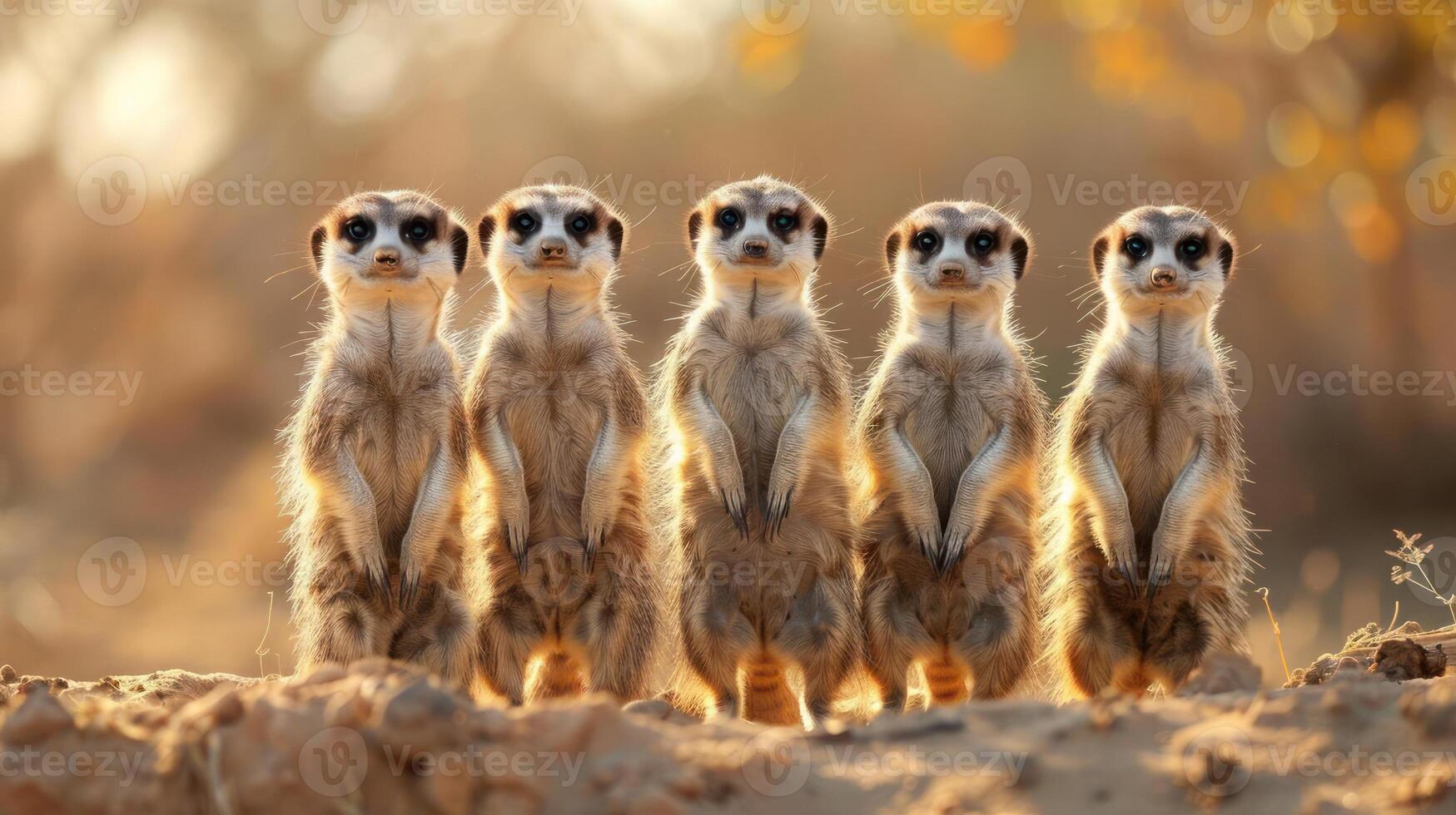 A group of five small friends, possibly mice or chipmunks, photo