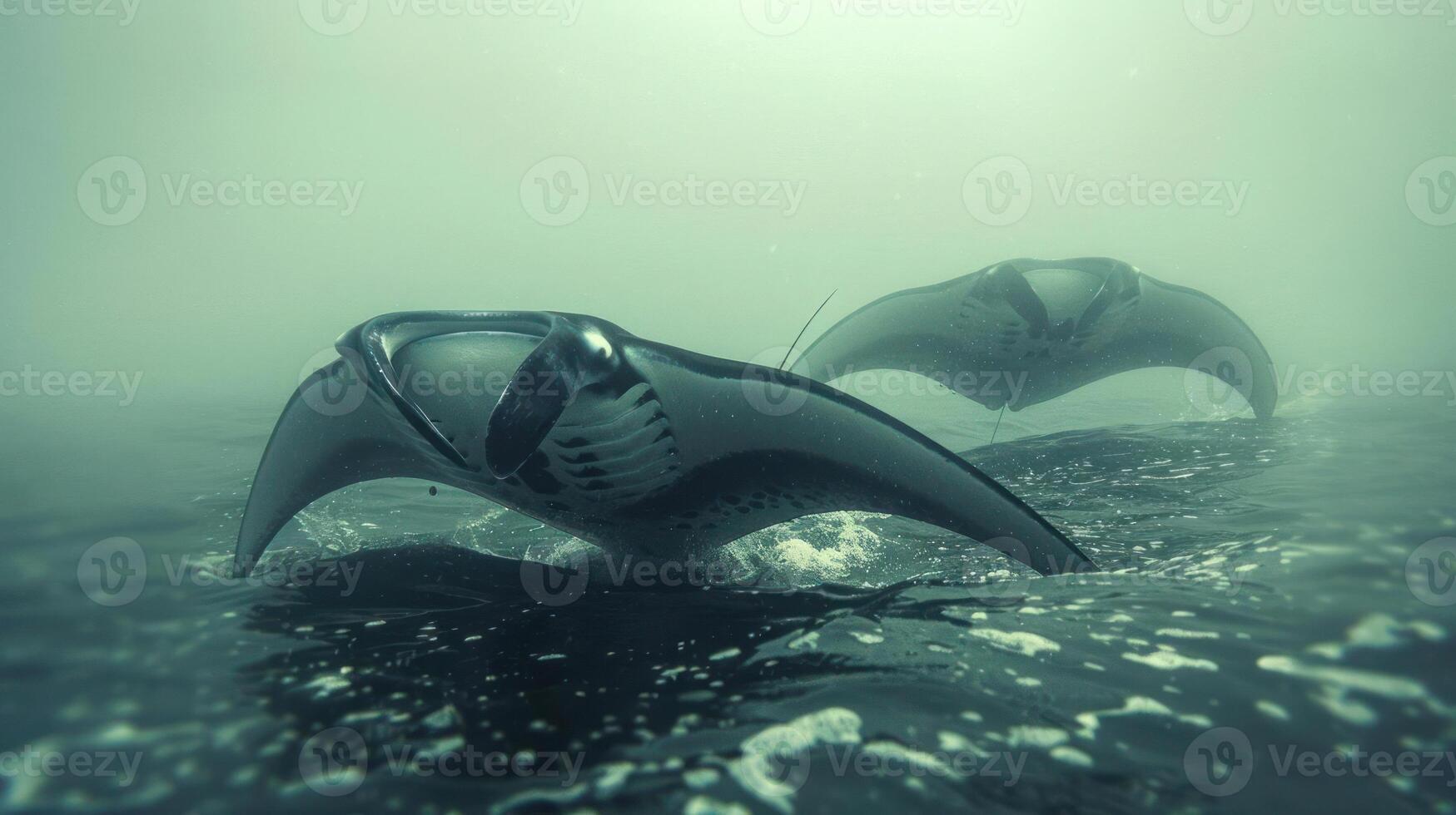 Three divers exploring an underwater world with seahorses swimming alongside them. photo