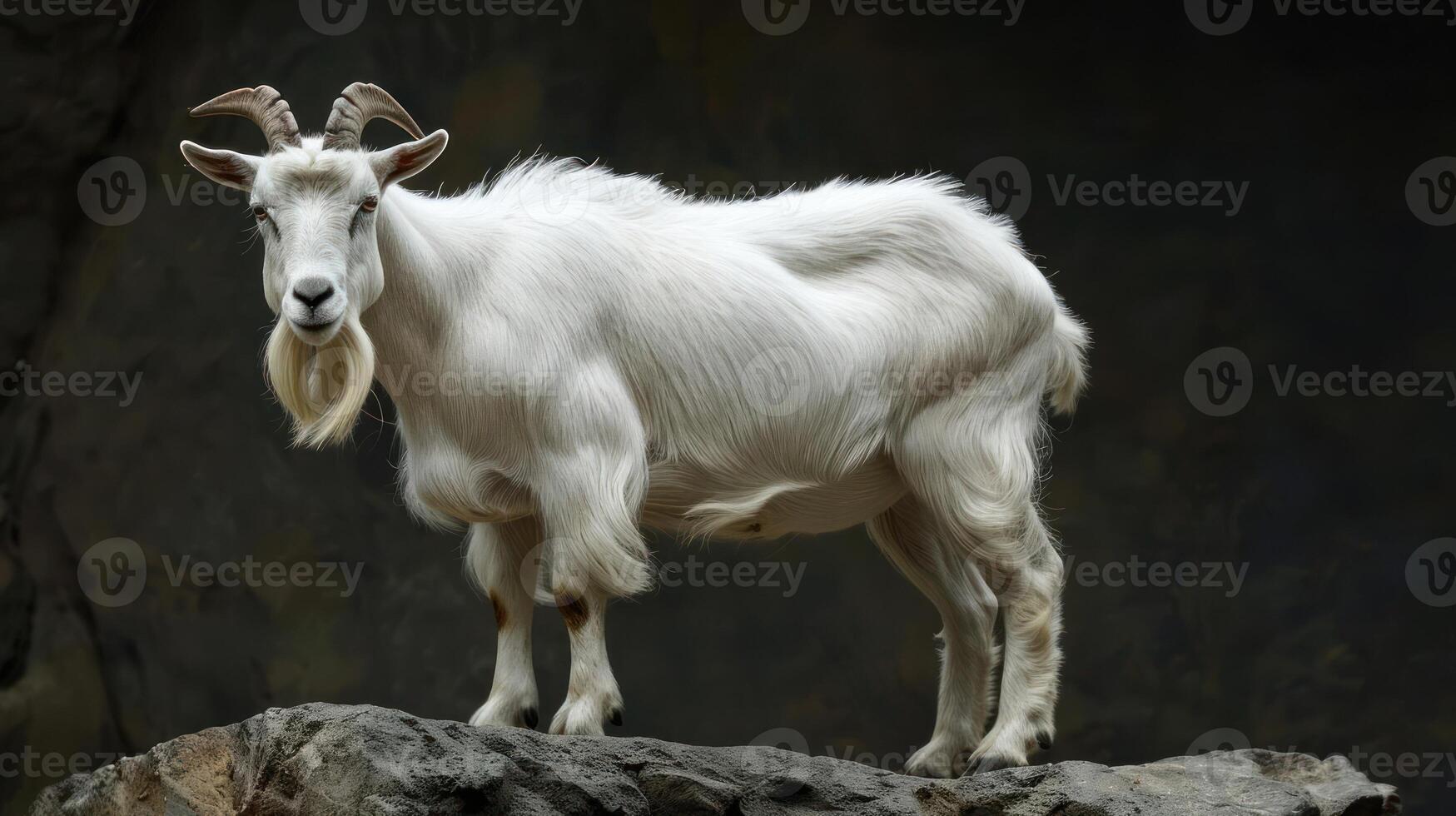 A goat with horns stands on a rock in the wild. photo