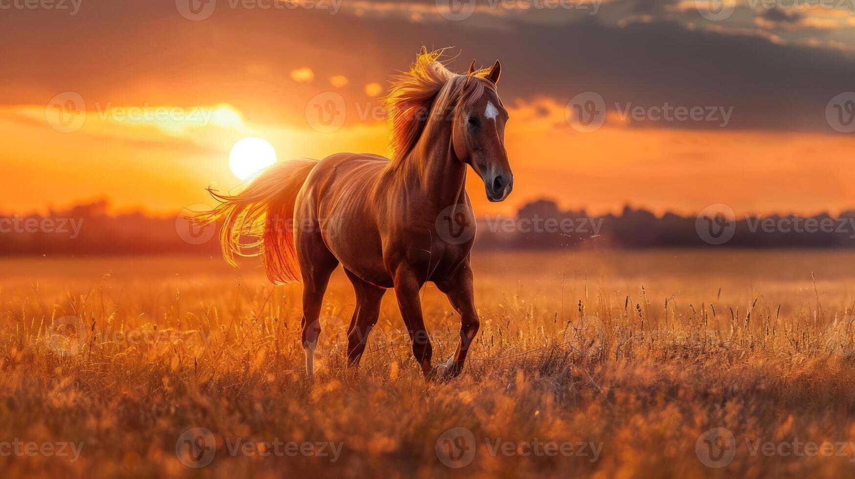 A beautiful horse silhouetted against the backdrop of a sun setting in the distance, photo