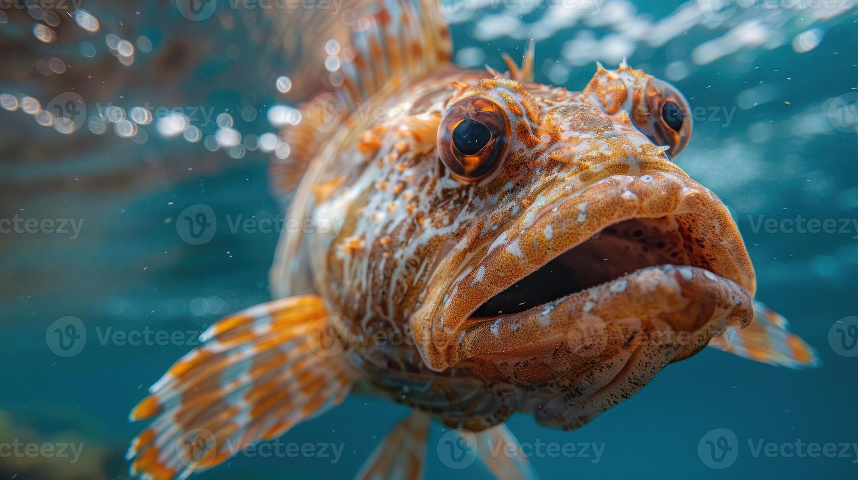 An orange fish swimming with its mouth open, possibly feeding or communicating. photo