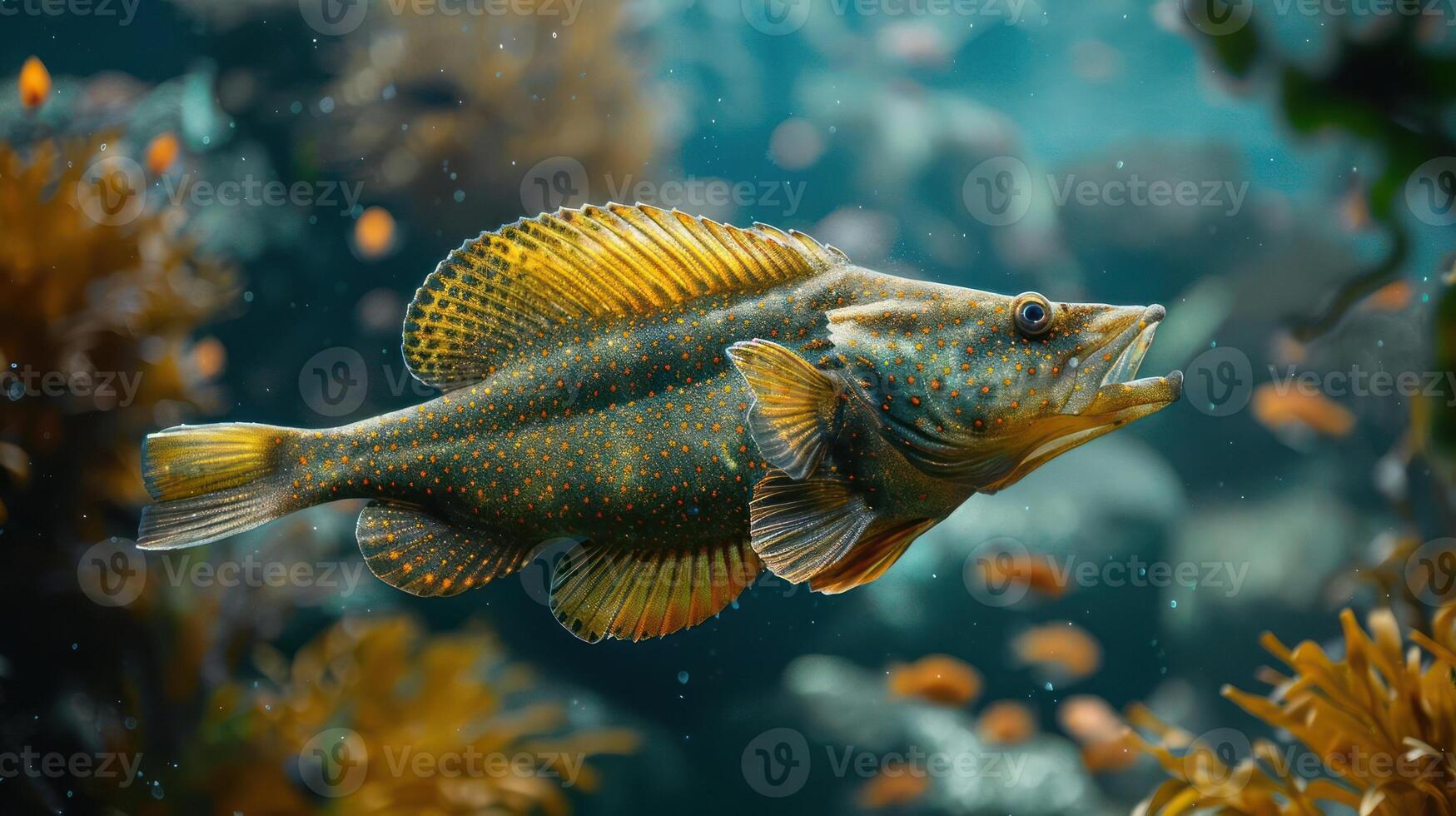 Two vibrant fish with intricate patterns swimming together in the ocean. photo