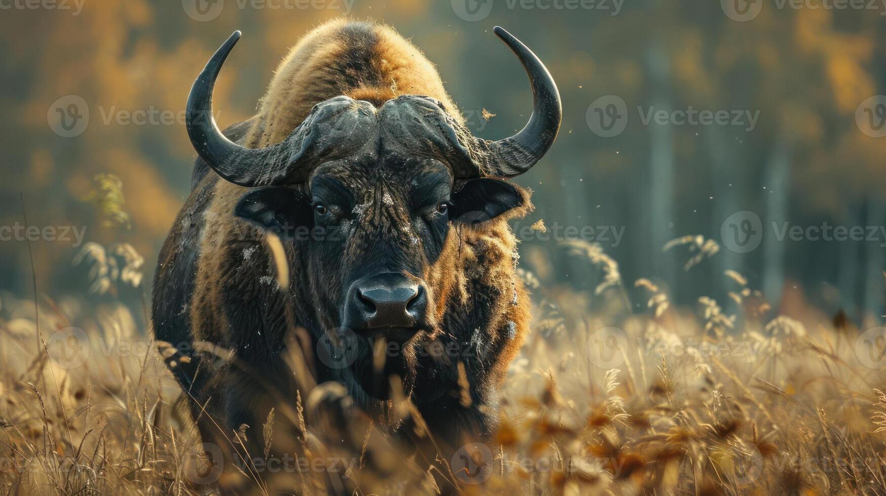 A bison standing in a grassy field with sunlight filtering through the trees and a calm, photo