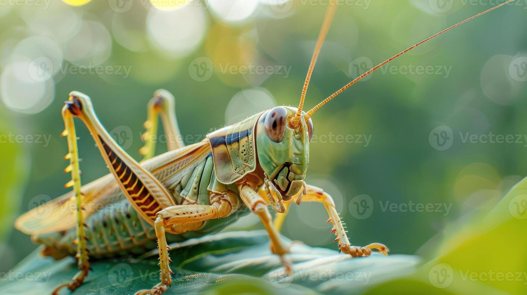 A close-up image of a green jumping bug, possibly an ant or grasshopper, photo